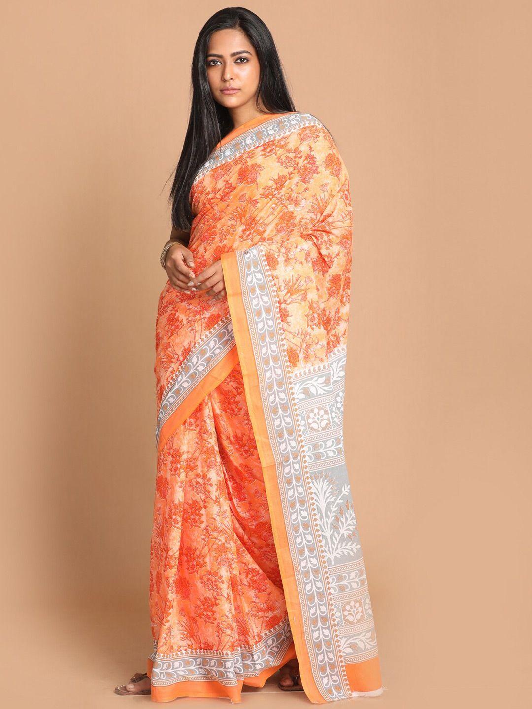 indethnic orange & off white floral pure cotton saree