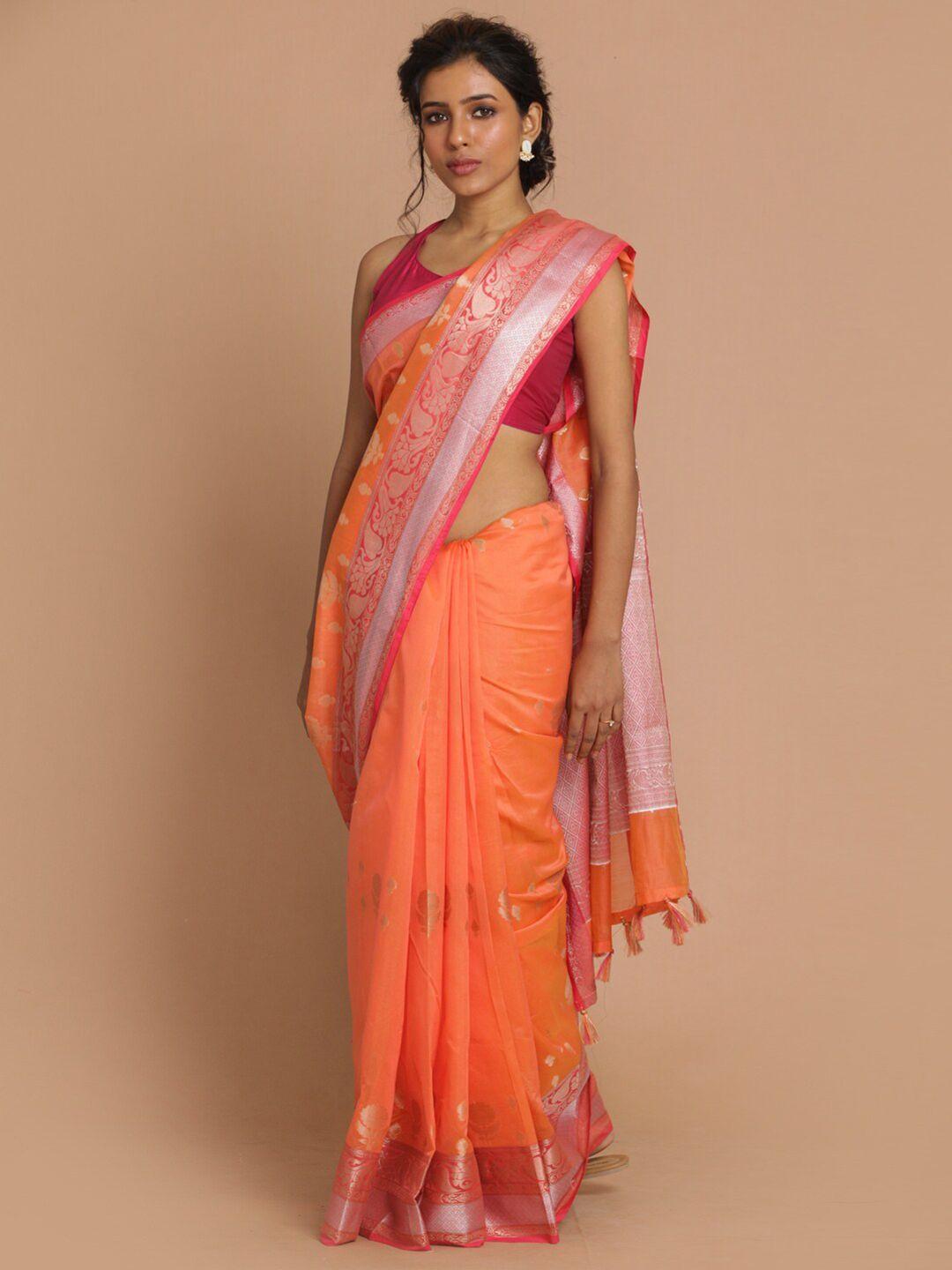 indethnic orange & pink floral zari banarasi saree