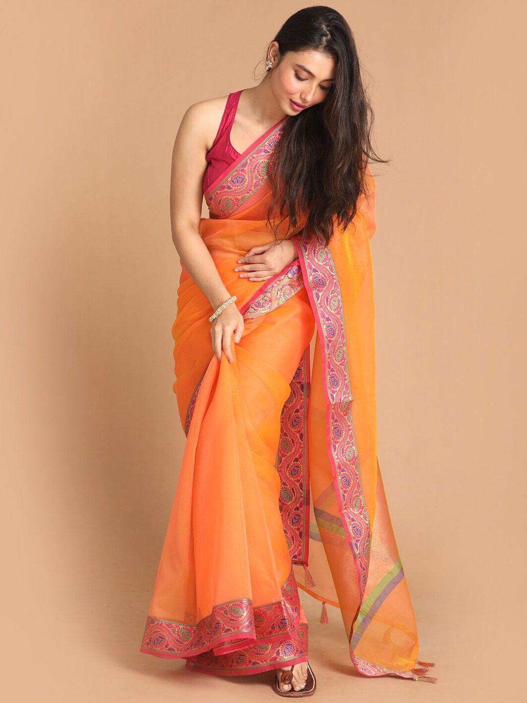 indethnic orange & pink tissue banarasi saree