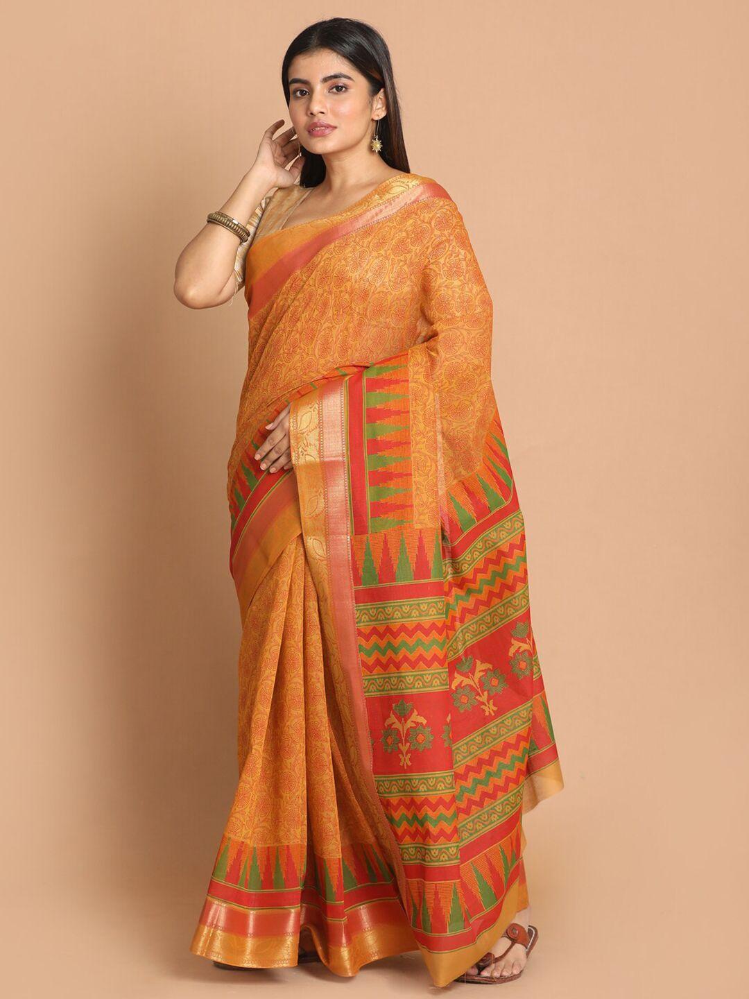 indethnic orange & red floral zari saree