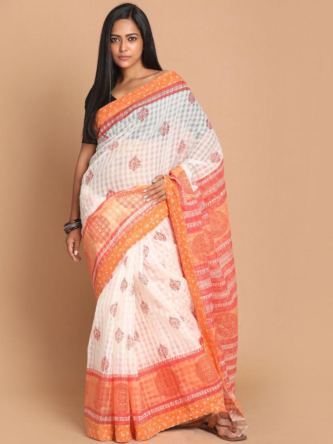 indethnic orange & white dabu net saree