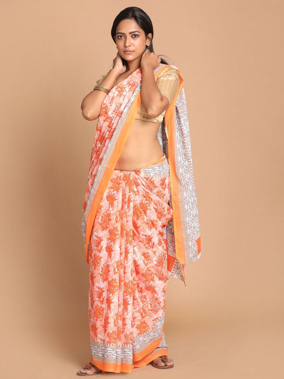 indethnic orange & white floral pure cotton saree