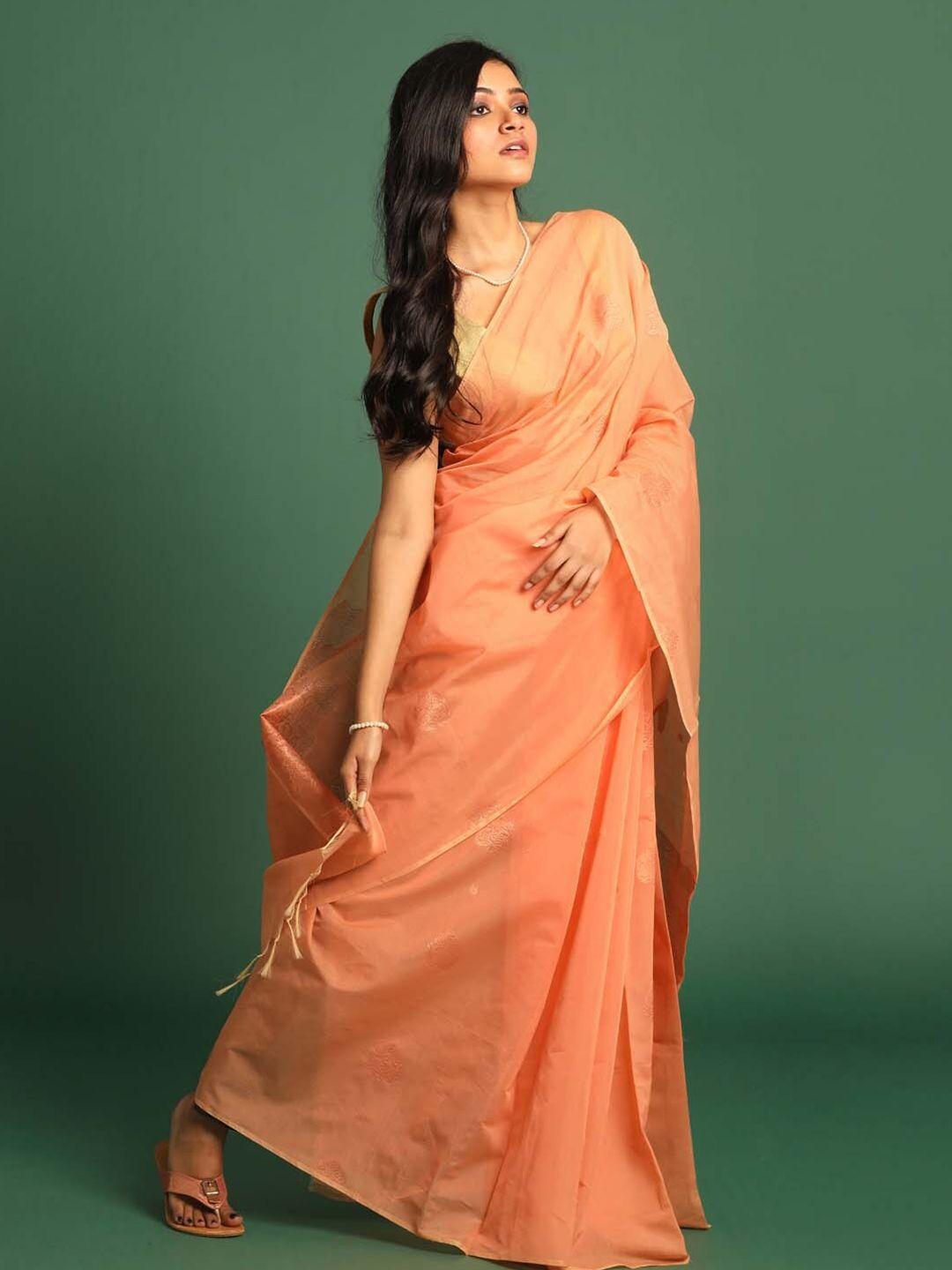 indethnic peach-coloured & gold-toned woven design zari art silk pochampally saree