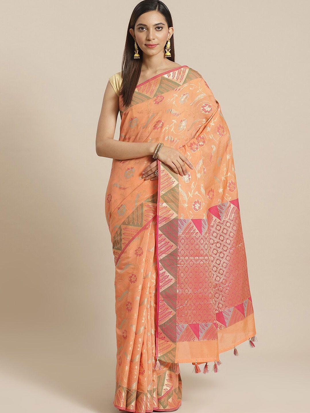 indethnic peach-coloured & pink floral zari banarasi saree