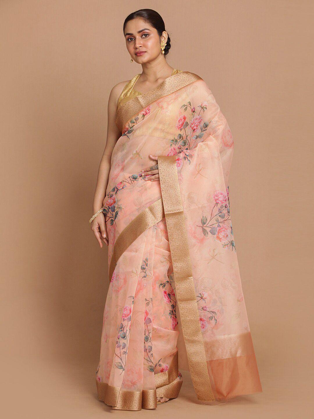 indethnic peach-coloured & pink floral zari organza banarasi saree