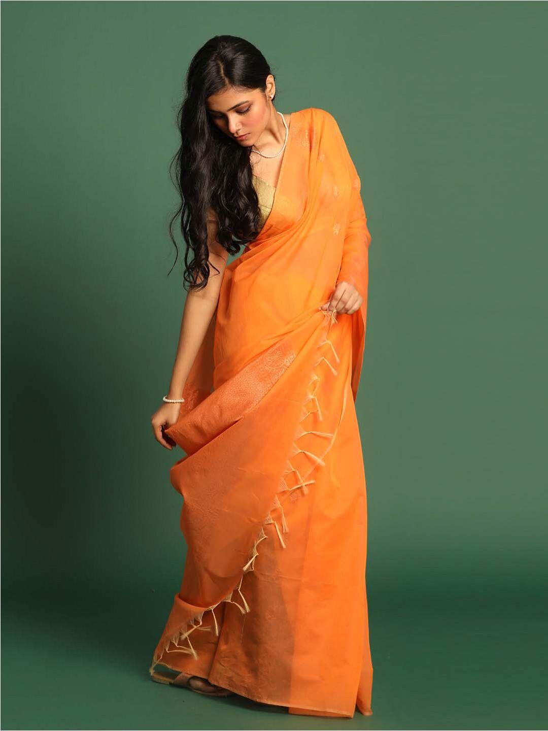 indethnic peach-coloured ethnic motifs zari art silk pochampally saree