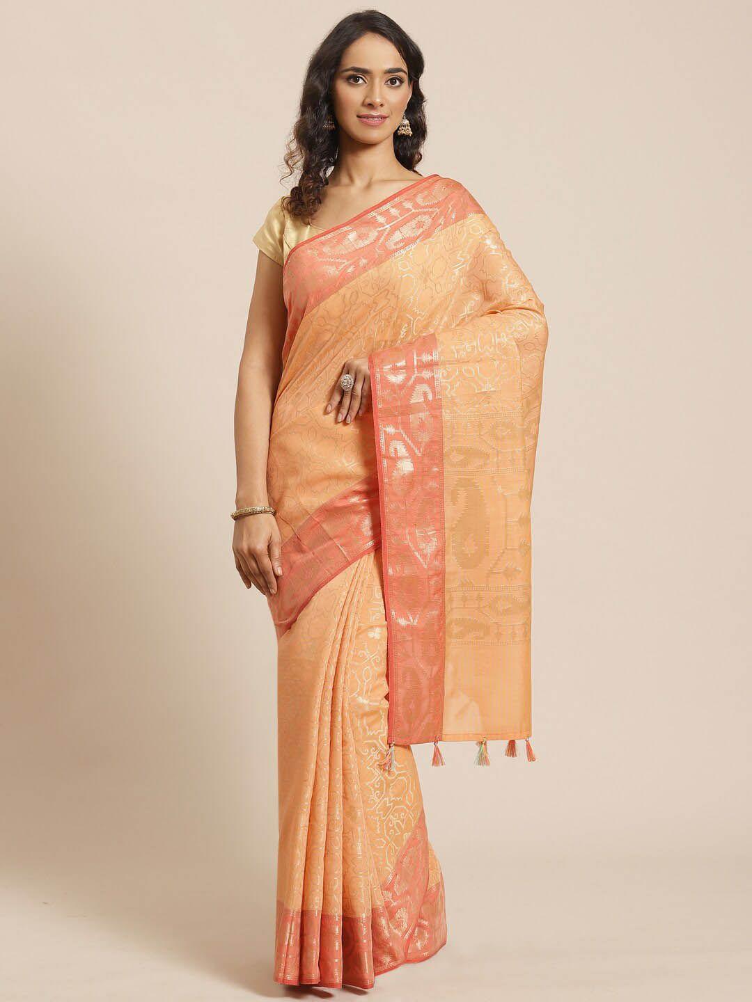 indethnic peach-coloured woven design zari banarasi saree