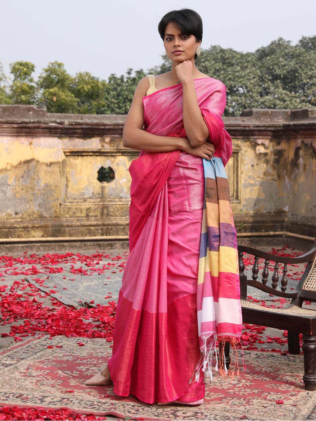 indethnic pink & blue colourblocked pure cotton jamdani saree