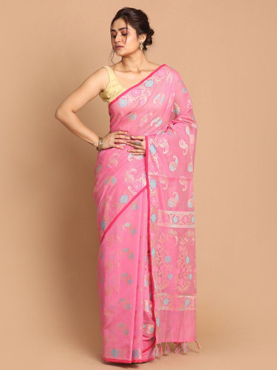 indethnic pink & blue paisley woven design liva saree