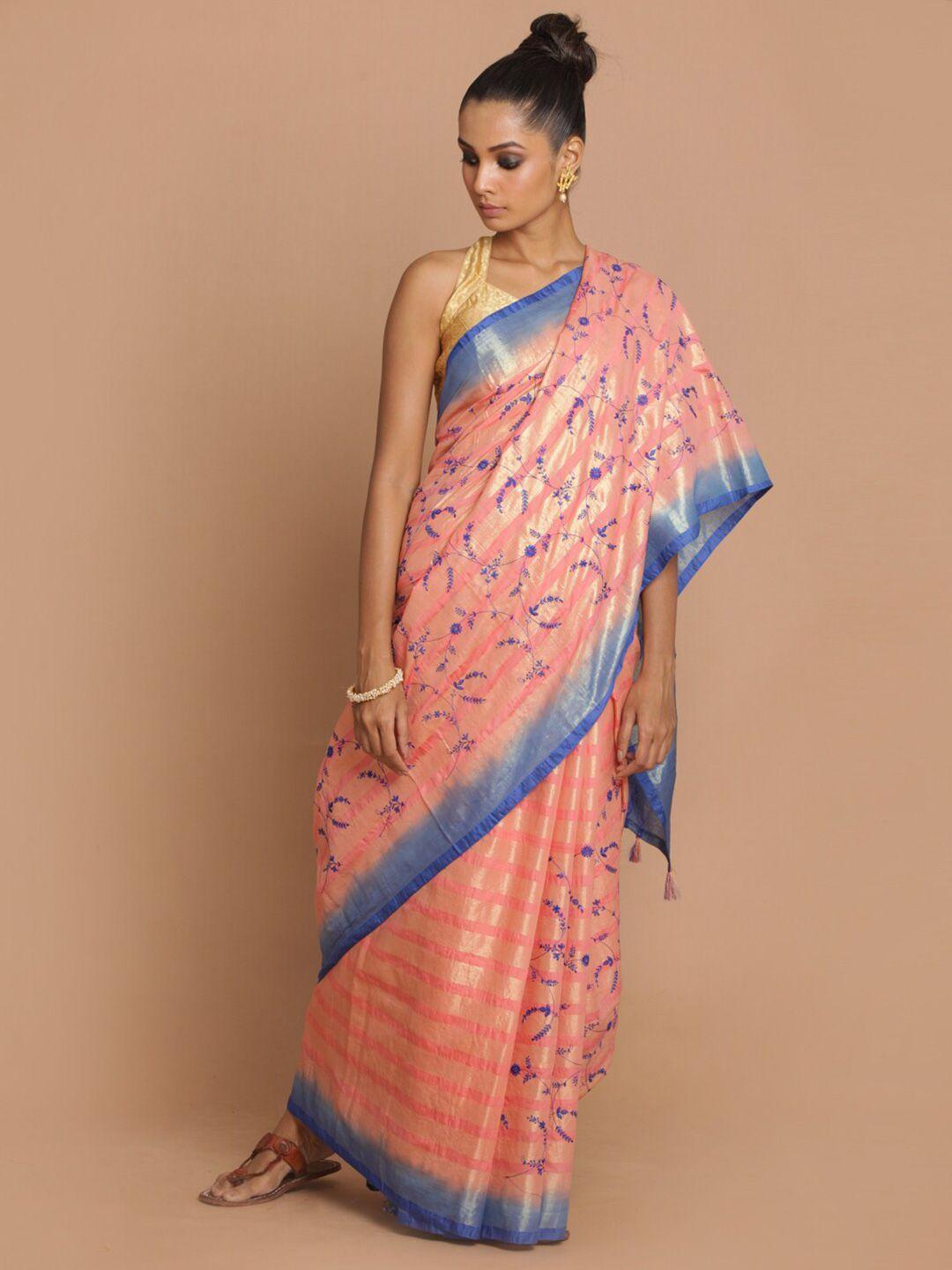 indethnic pink & blue zari banarasi saree