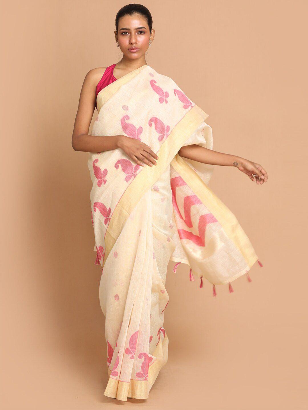 indethnic pink & cream-coloured ethnic motifs zari linen blend banarasi saree