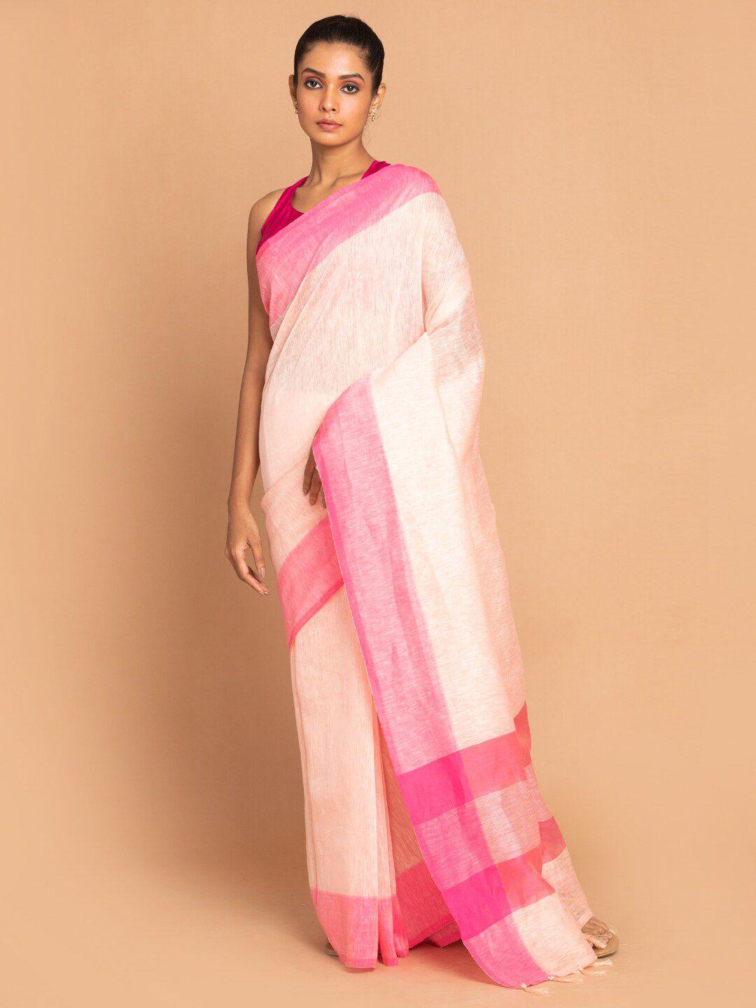 indethnic pink & fuchsia linen blend banarasi saree