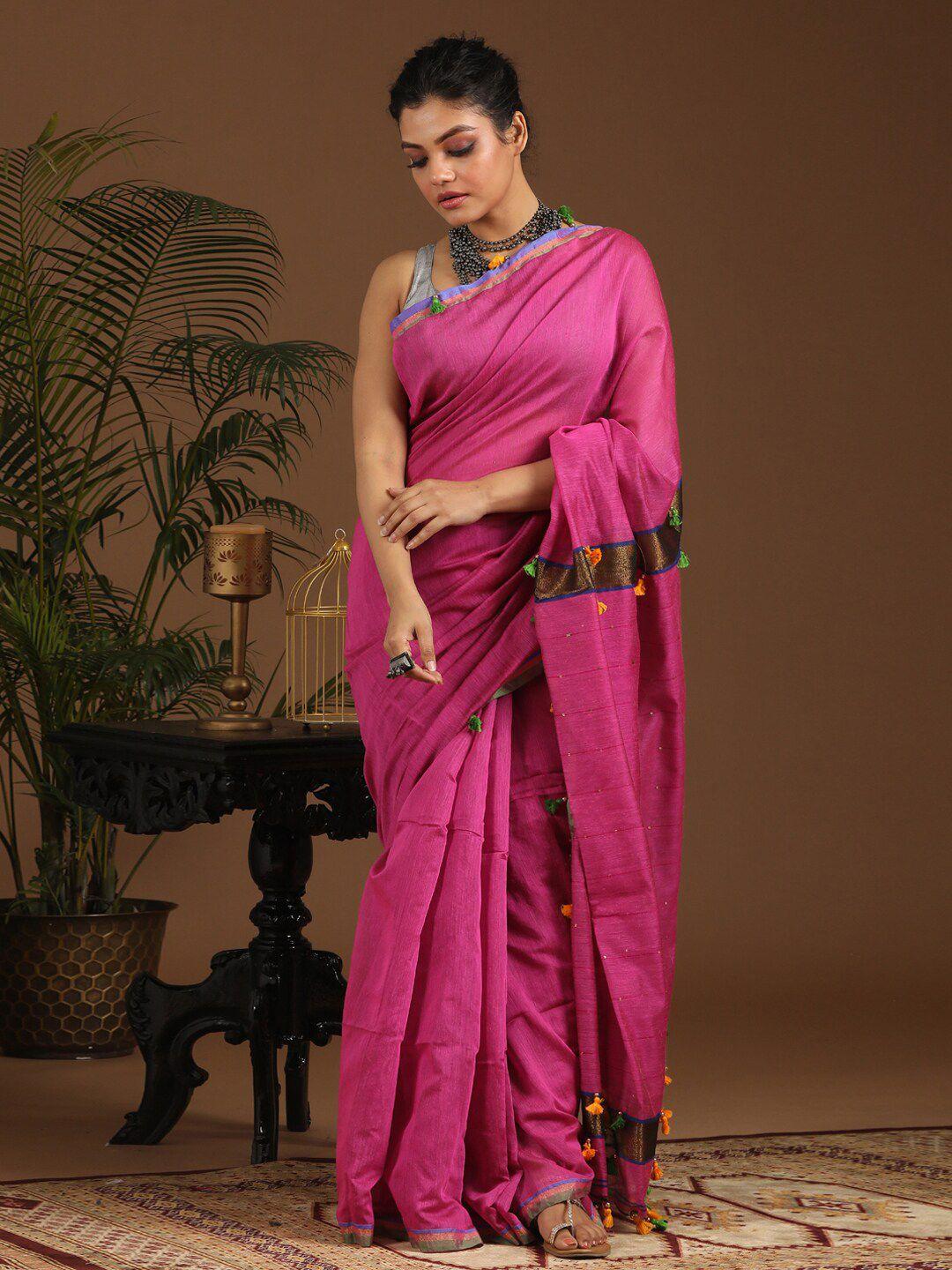 indethnic pink & gold-toned embellished zari jamdani saree