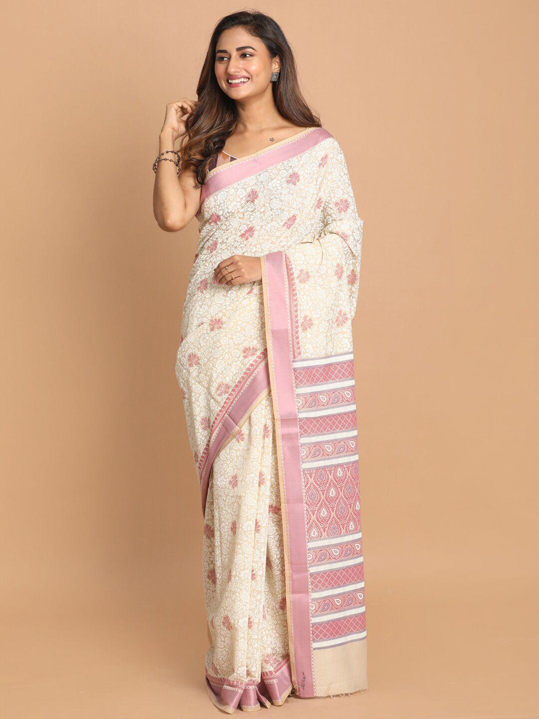 indethnic pink & gold-toned floral printed zari border saree