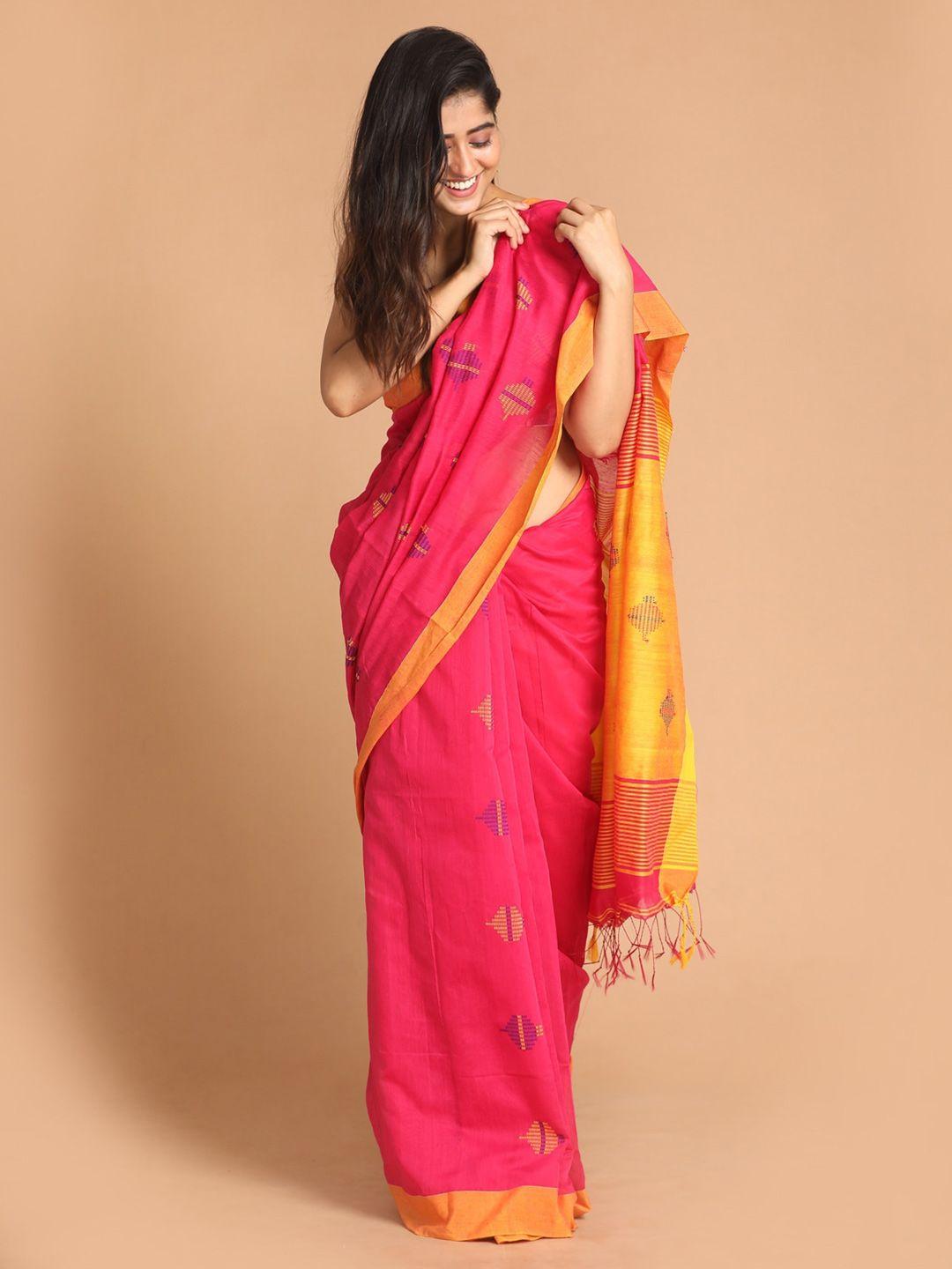 indethnic pink & gold-toned woven design jamdani saree