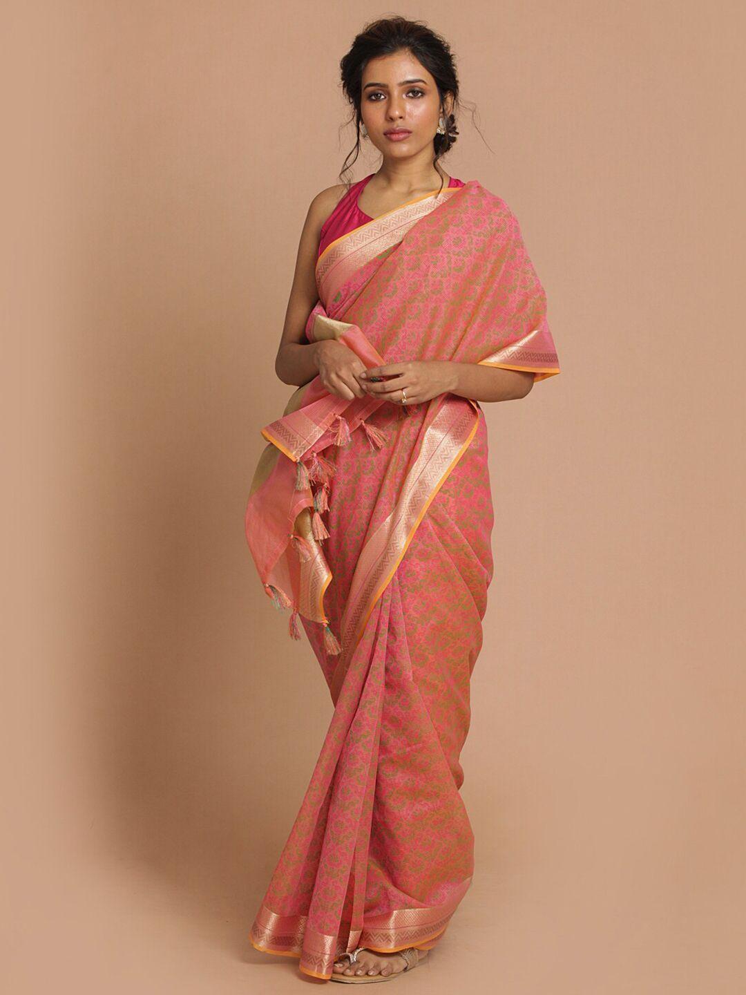 indethnic pink & green colourblocked zari banarasi saree