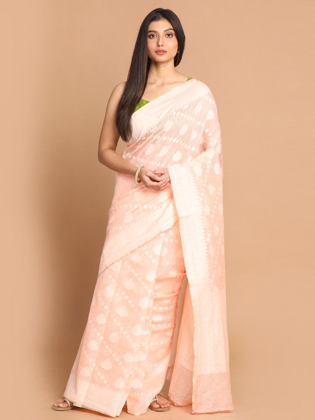 indethnic pink & off white ethnic motifs linen blend banarasi saree