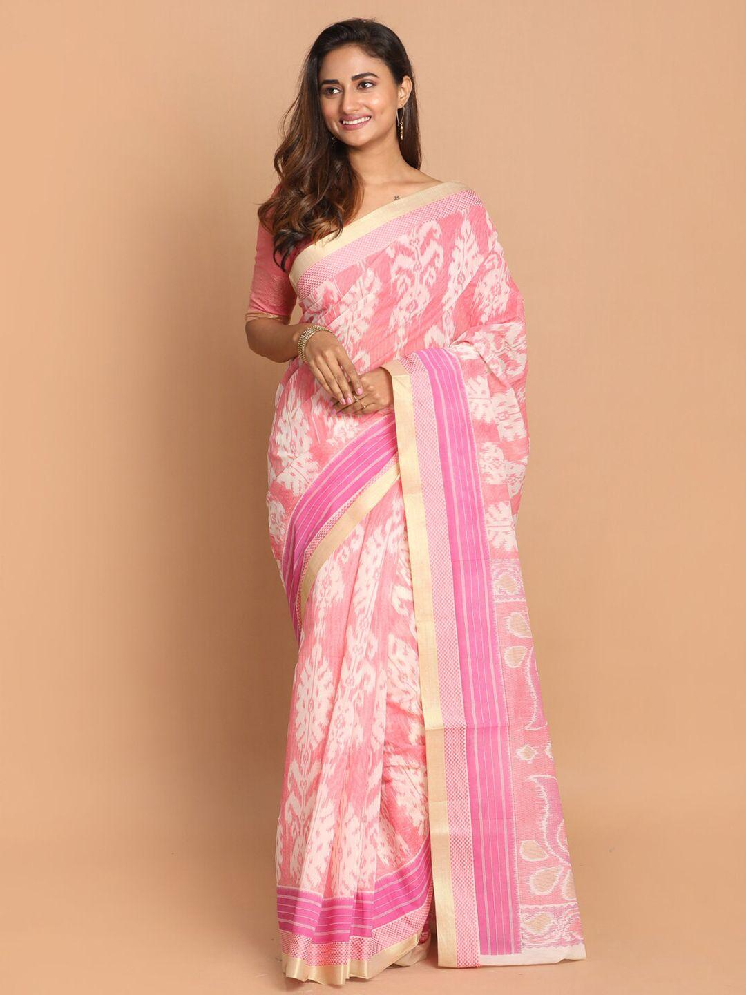 indethnic pink & off white ethnic motifs saree