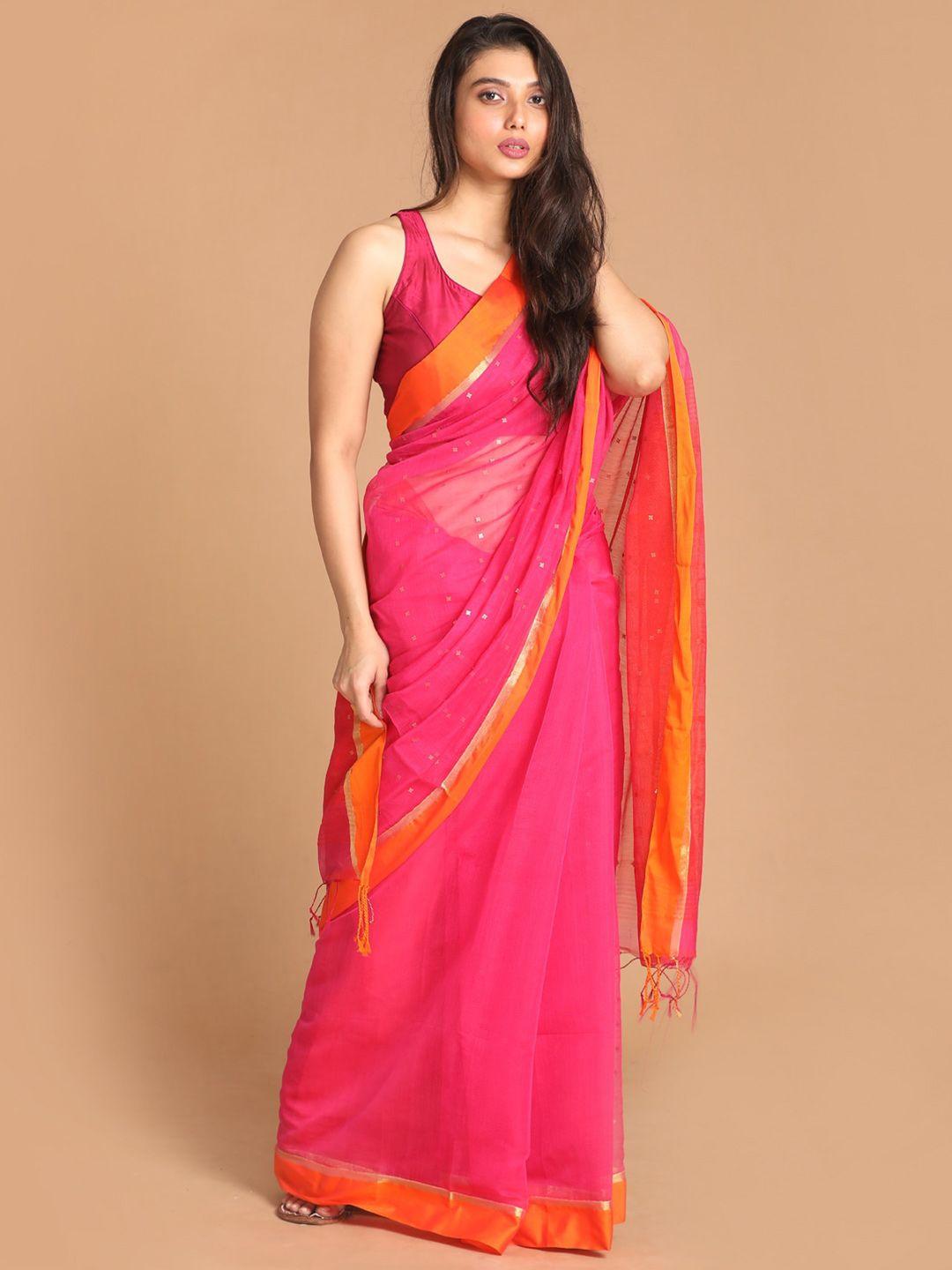 indethnic pink & orange embellished zari jamdani saree