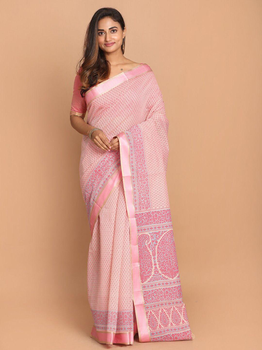 indethnic pink & silver-toned floral printed zari border saree