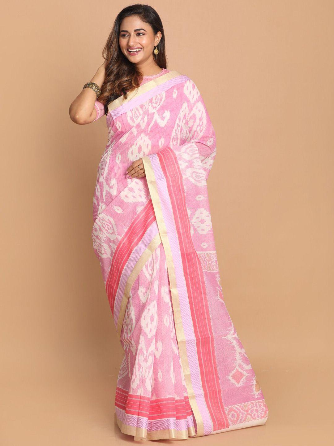 indethnic pink & white ethnic motifs saree