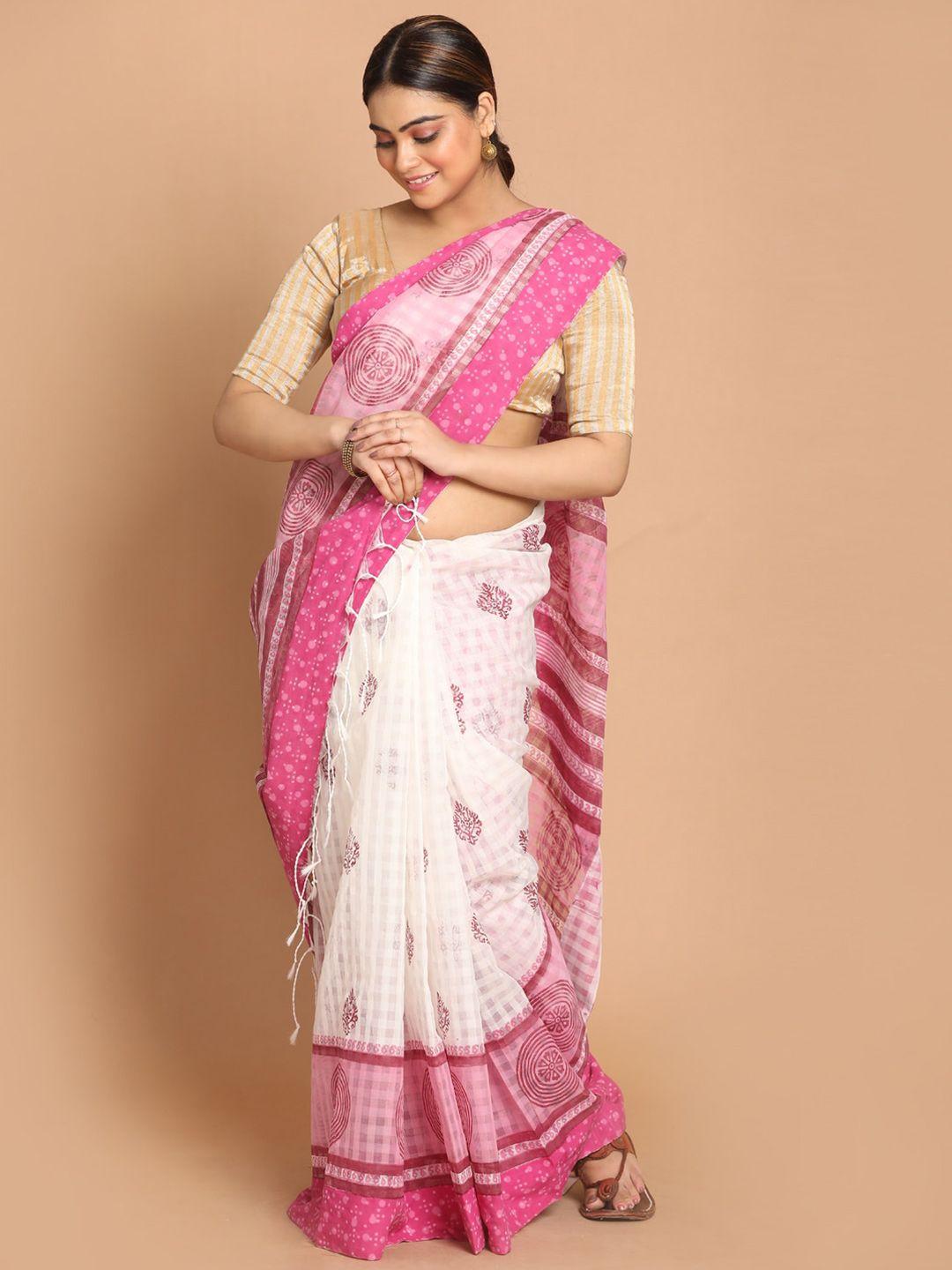 indethnic pink & white printed net saree