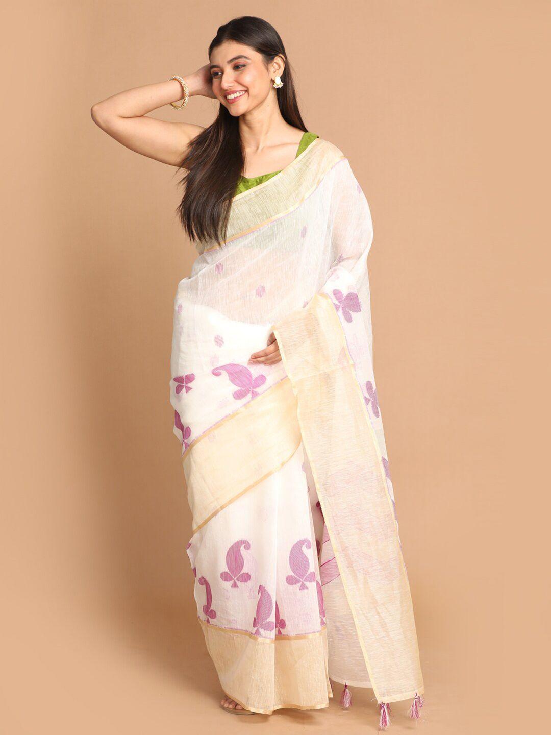 indethnic purple & beige woven design linen blend banarasi saree