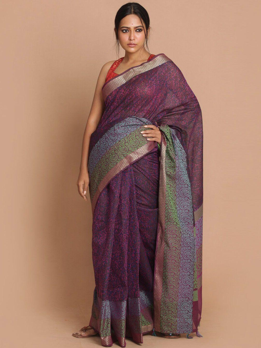 indethnic purple & green paisley zari banarasi saree