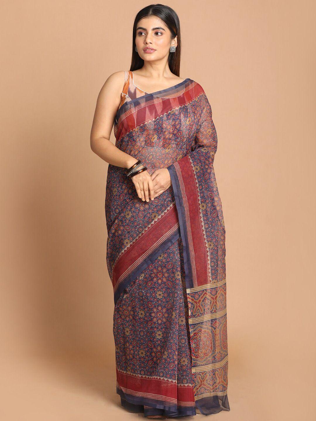 indethnic purple & red ethnic motifs printed supernet saree