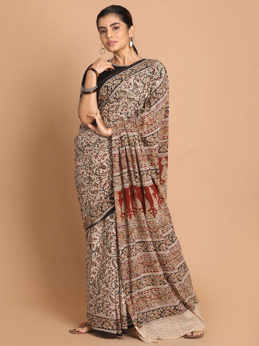 indethnic red & beige kalamkari mulmul cotton block print saree