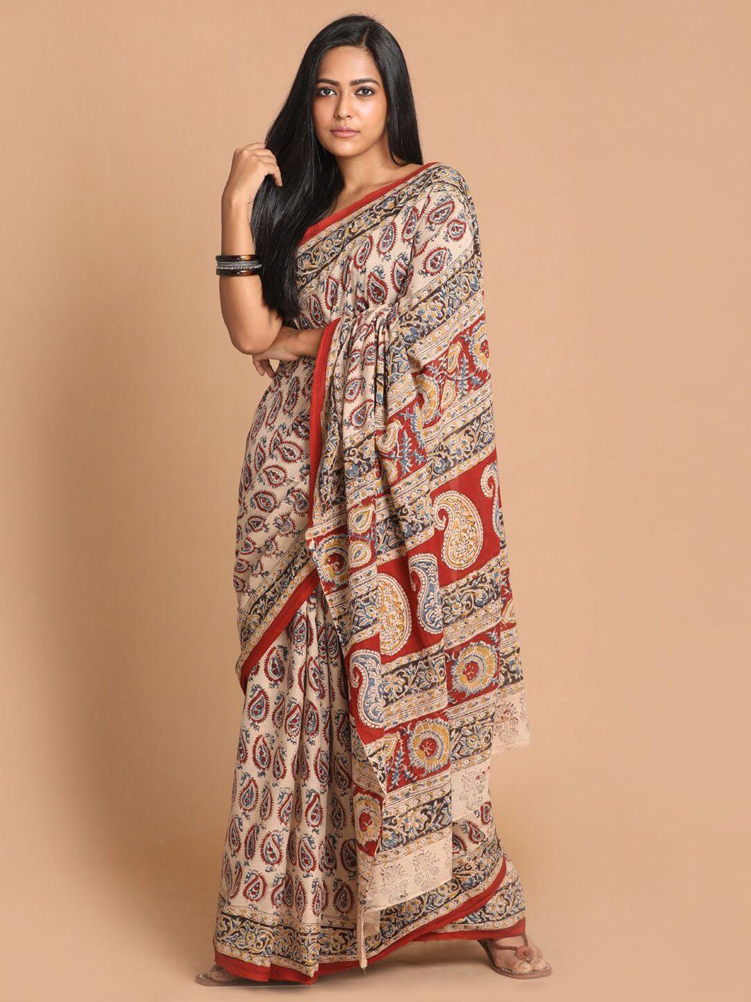 indethnic red & beige kalamkari pure cotton block print saree