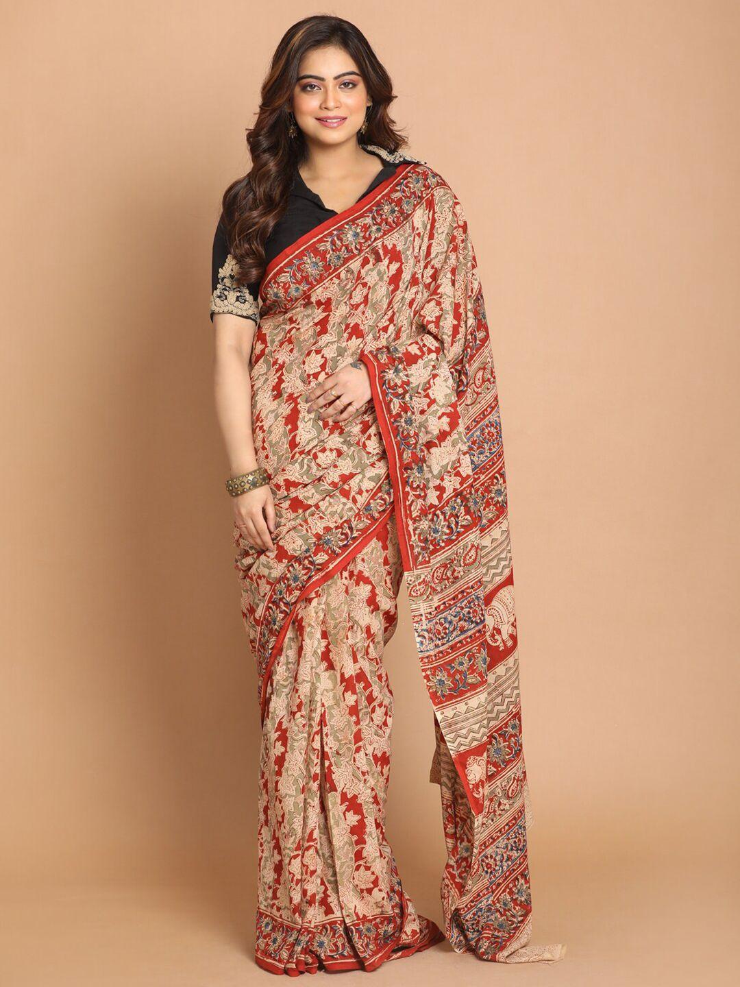 indethnic red & beige kalamkari pure cotton block print saree