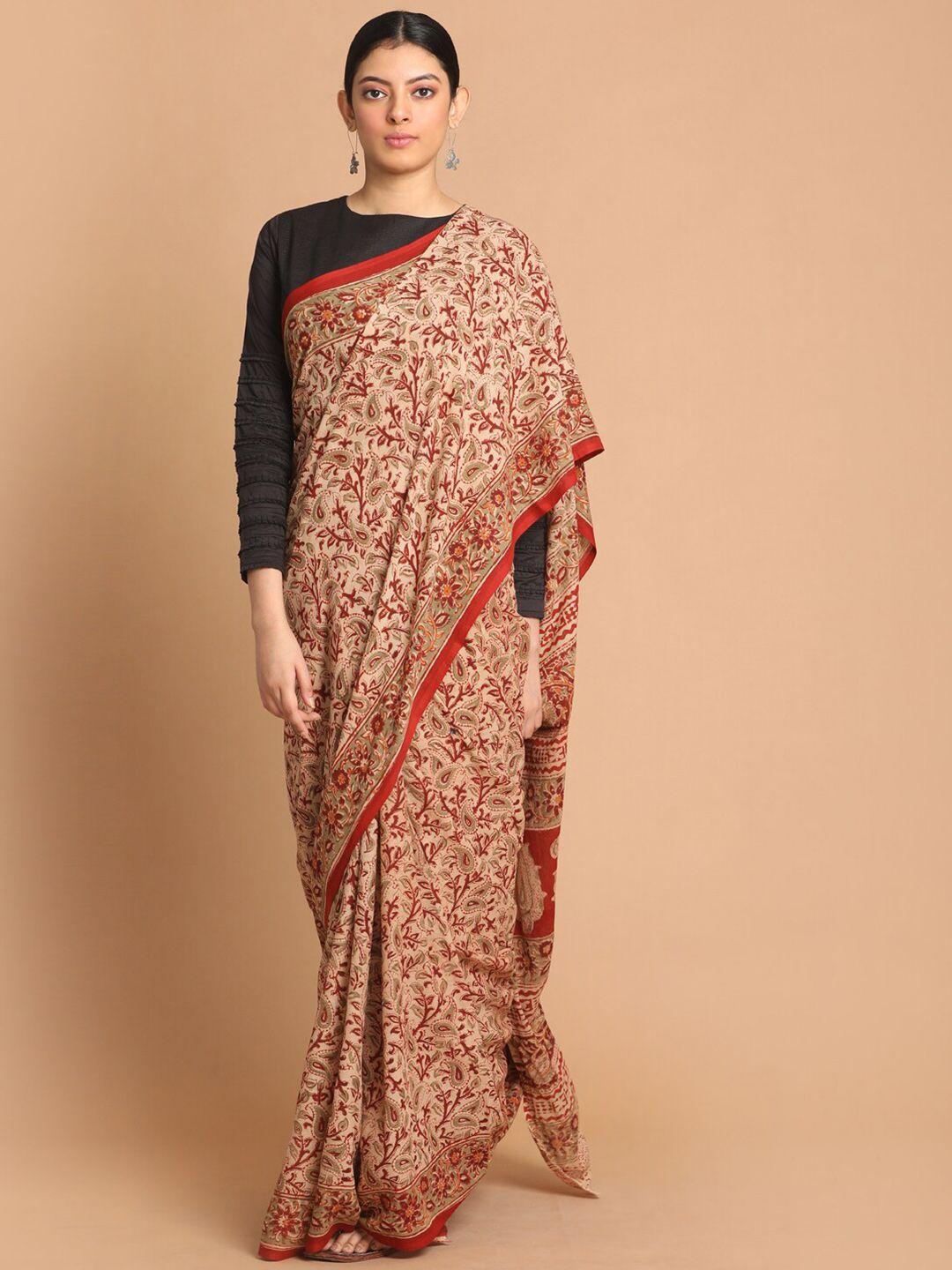 indethnic red & beige kalamkari pure cotton block print saree