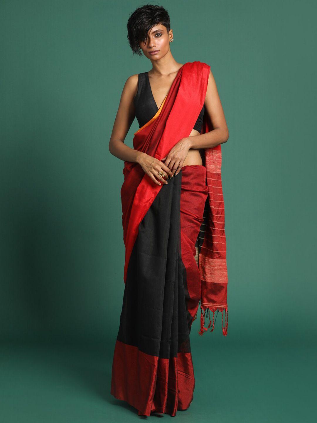 indethnic red & black colourblocked zari half and half jamdani saree