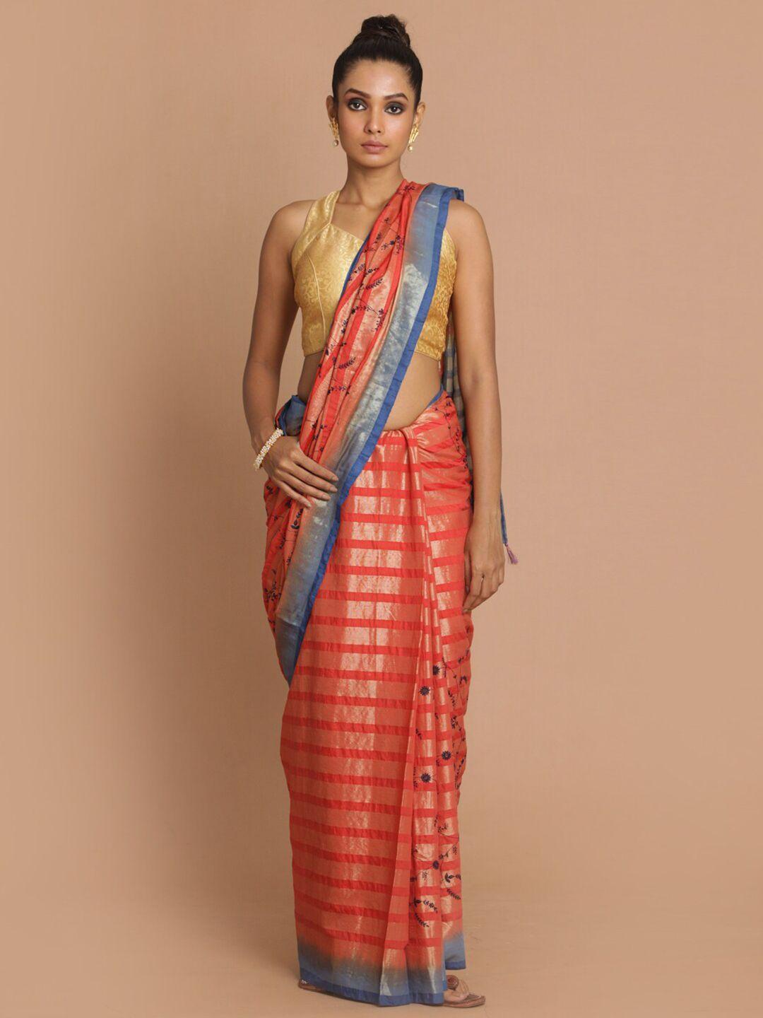 indethnic red & blue checked zari banarasi saree