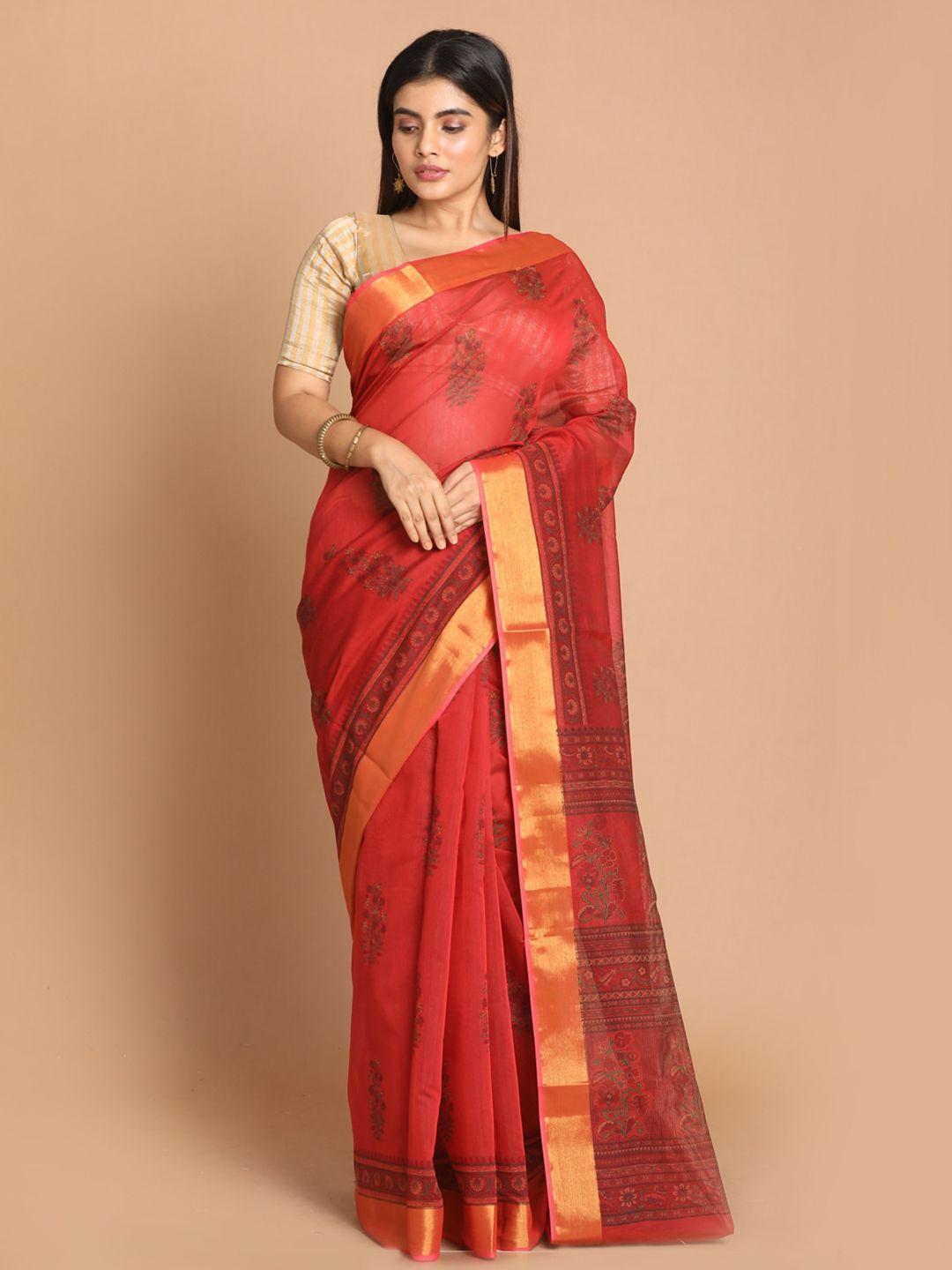 indethnic red & gold-coloured ethnic motifs printed zari saree