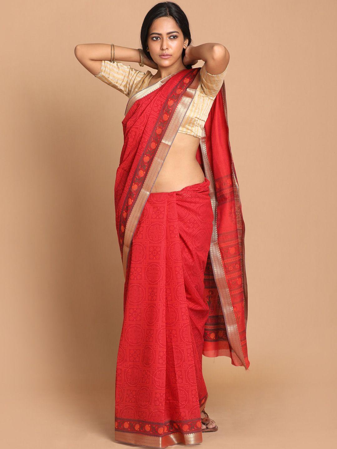 indethnic red & gold-toned bandhani saree