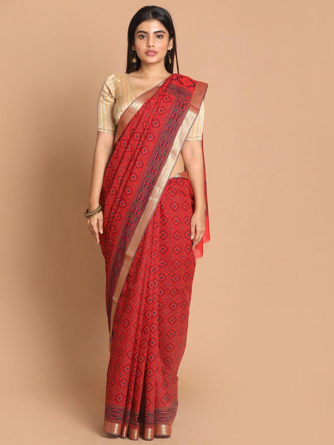 indethnic red & green printed zari saree