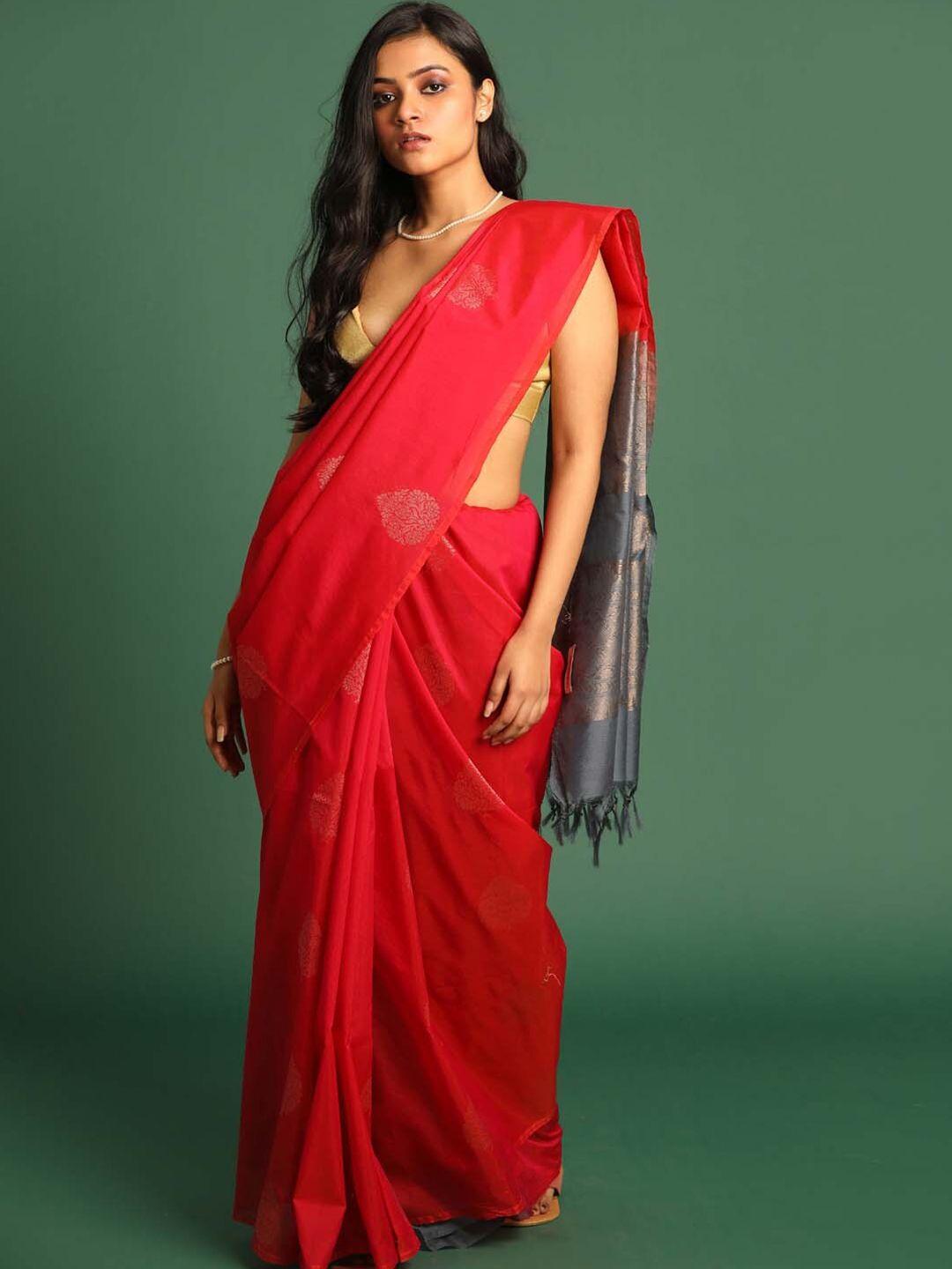 indethnic red & grey woven design zari art silk pochampally saree