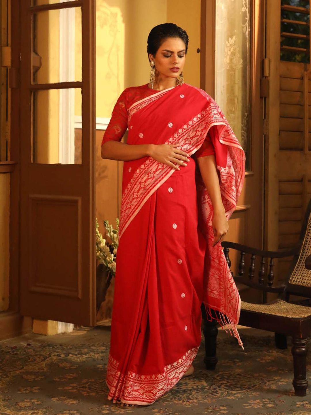 indethnic red & silver-toned woven design zari pure cotton jamdani saree