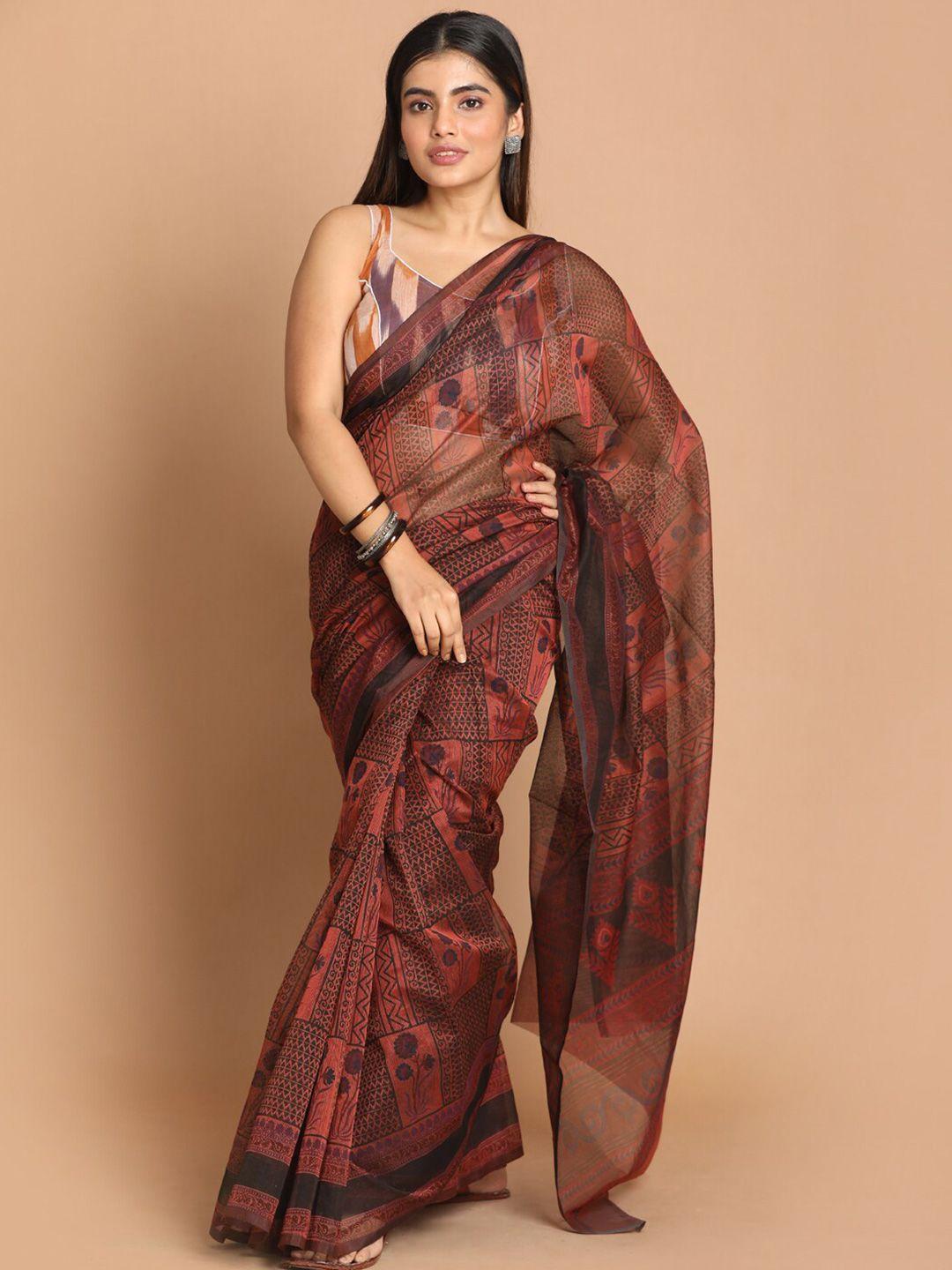 indethnic rust & black ethnic motifs supernet saree