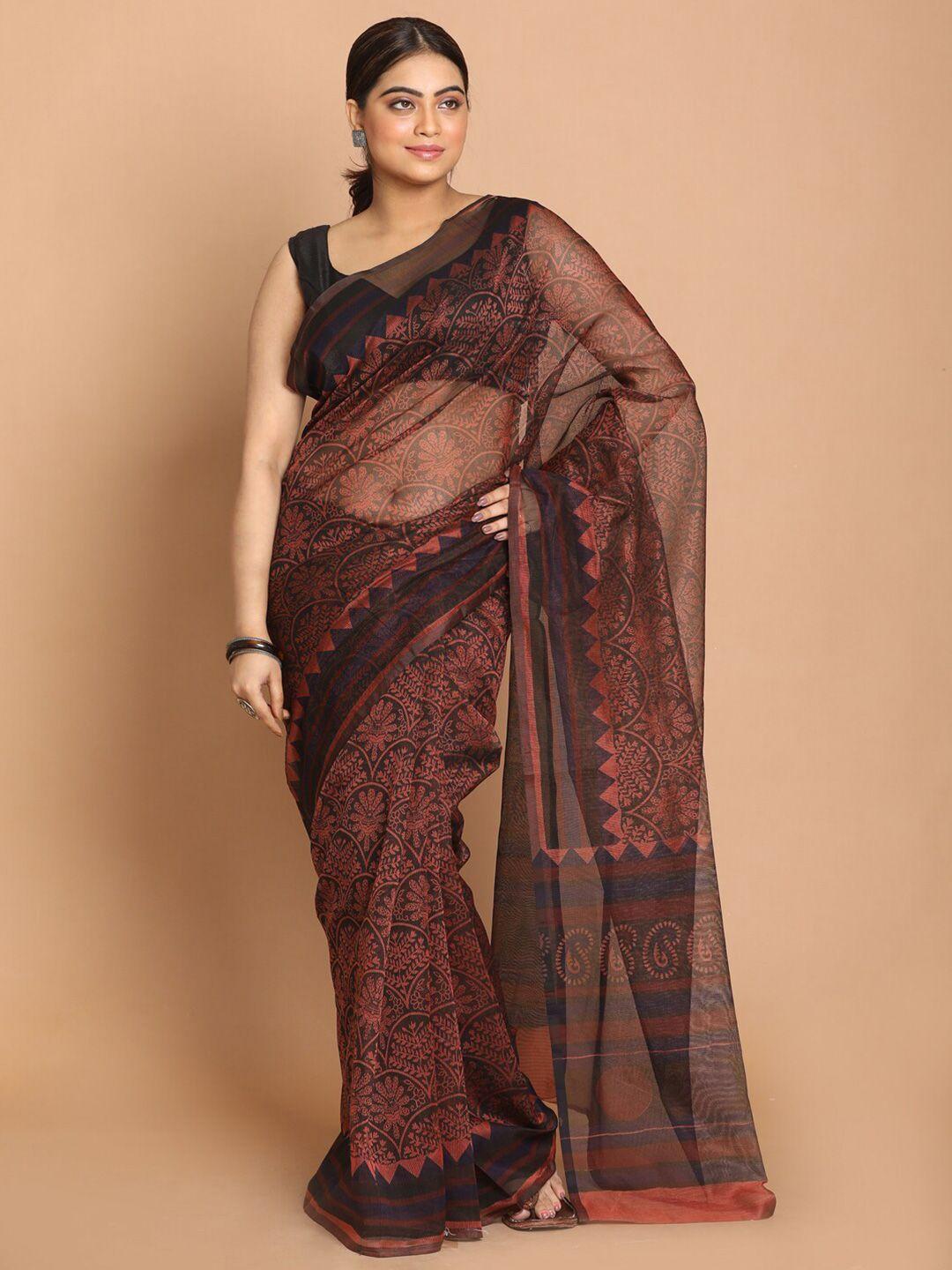 indethnic rust & black floral printed saree