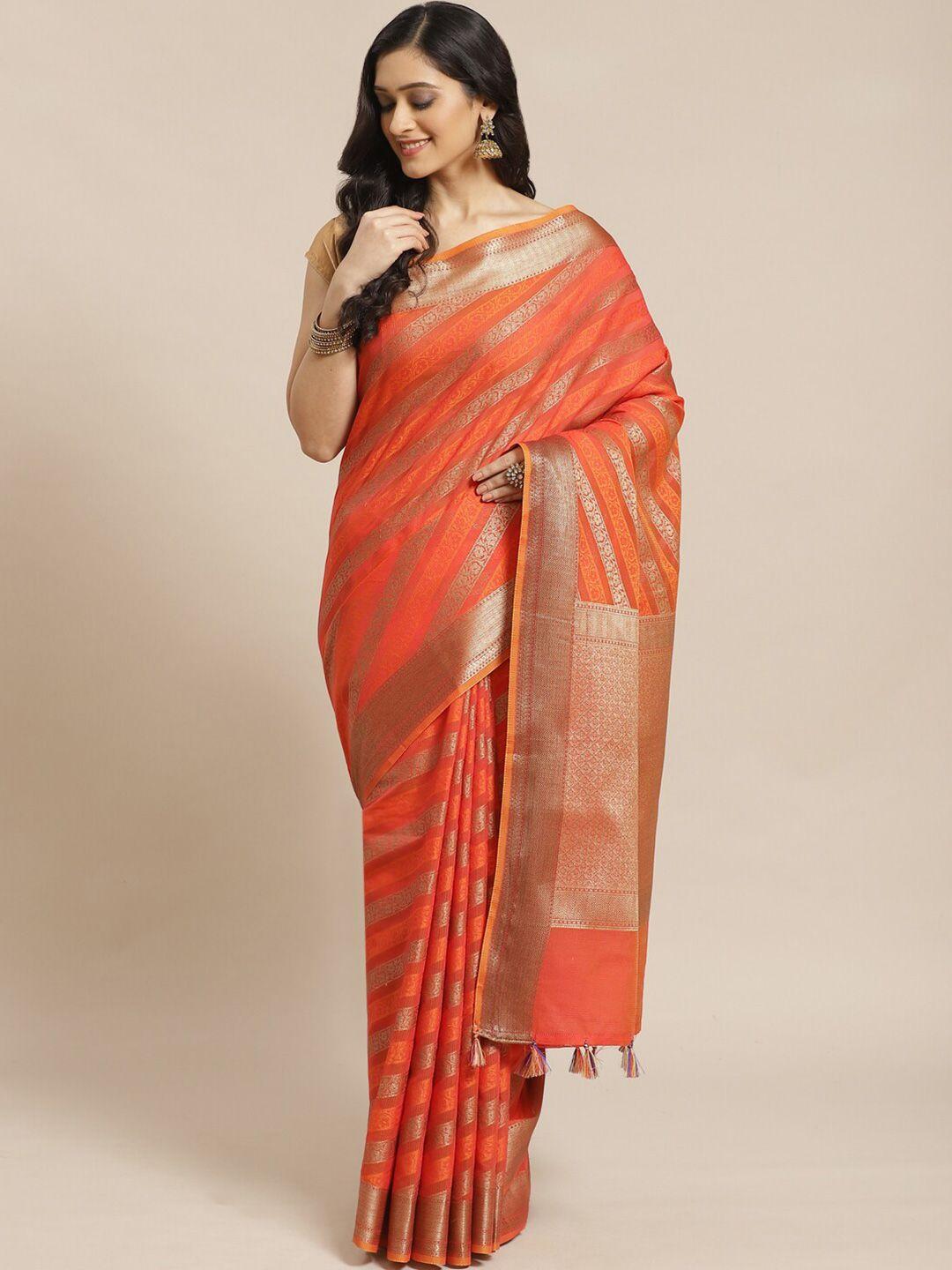 indethnic rust & gold-coloured striped zari banarasi saree