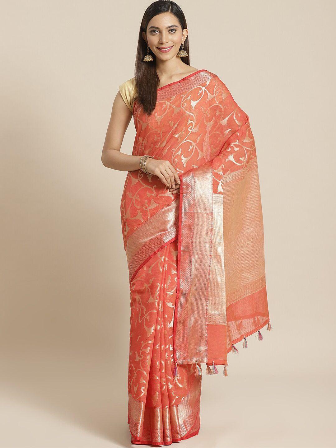 indethnic rust & gold-toned floral zari banarasi saree