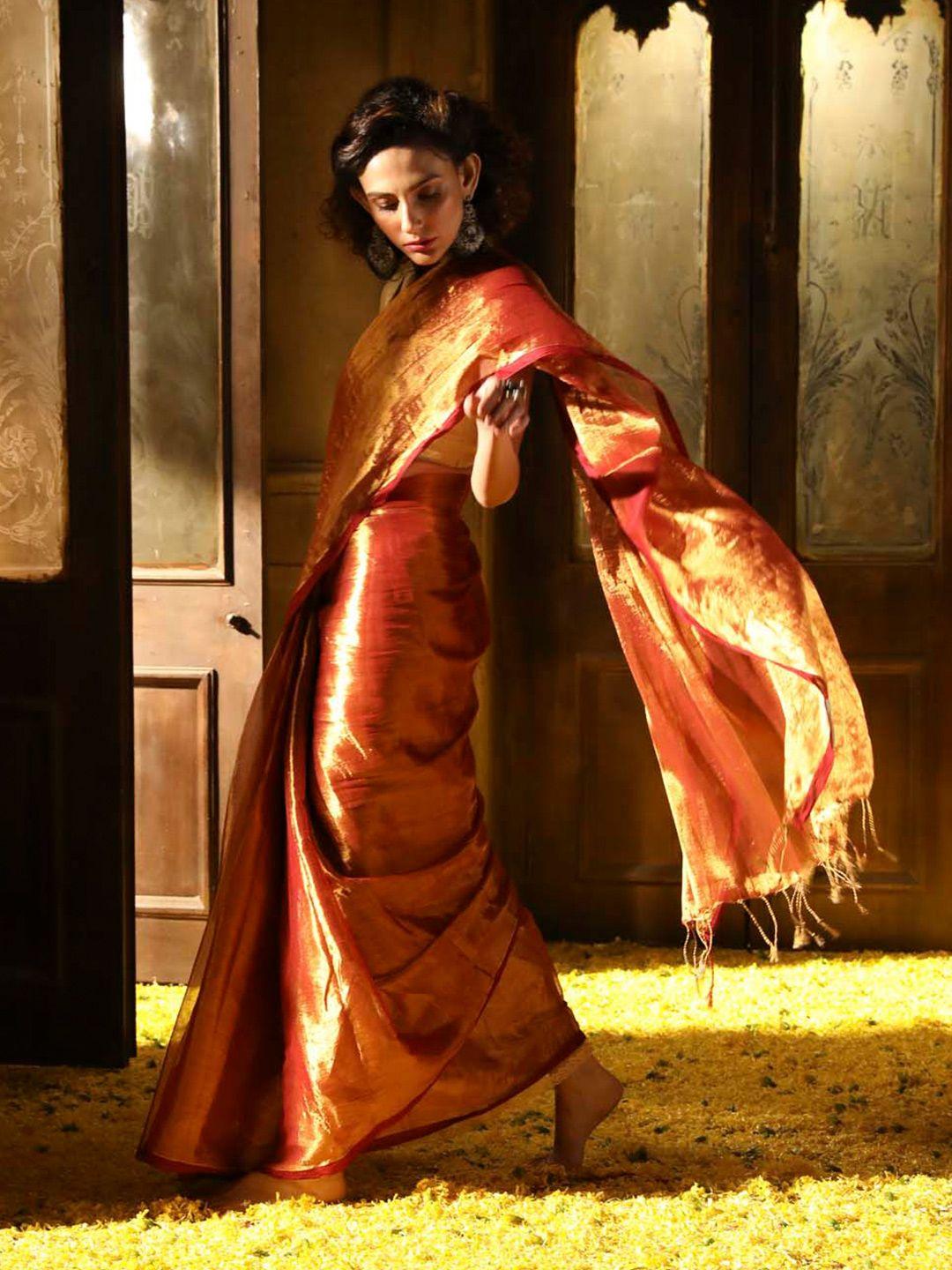 indethnic rust & gold-toned zari pure cotton jamdani saree