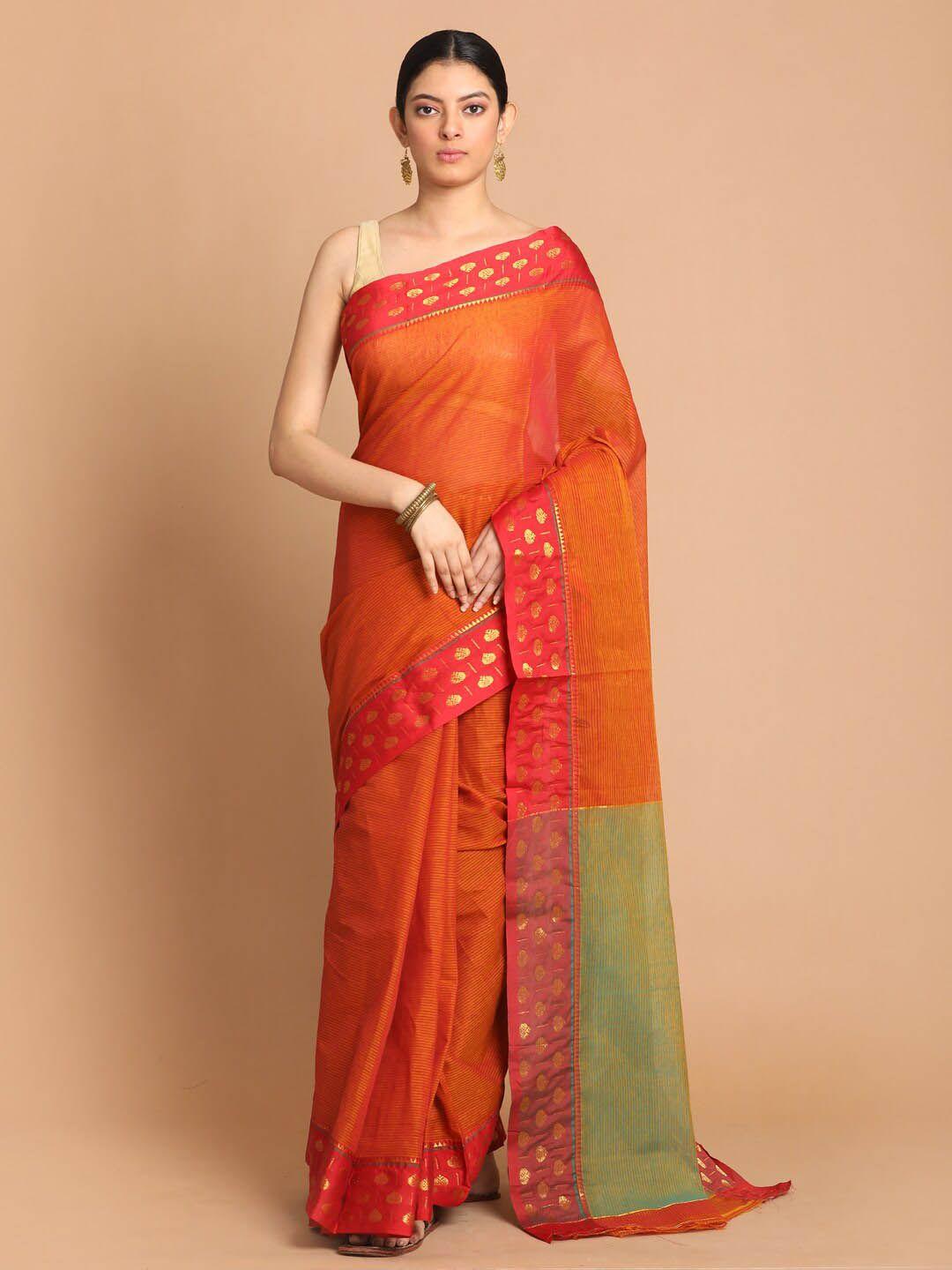indethnic rust & green solid pure cotton saree