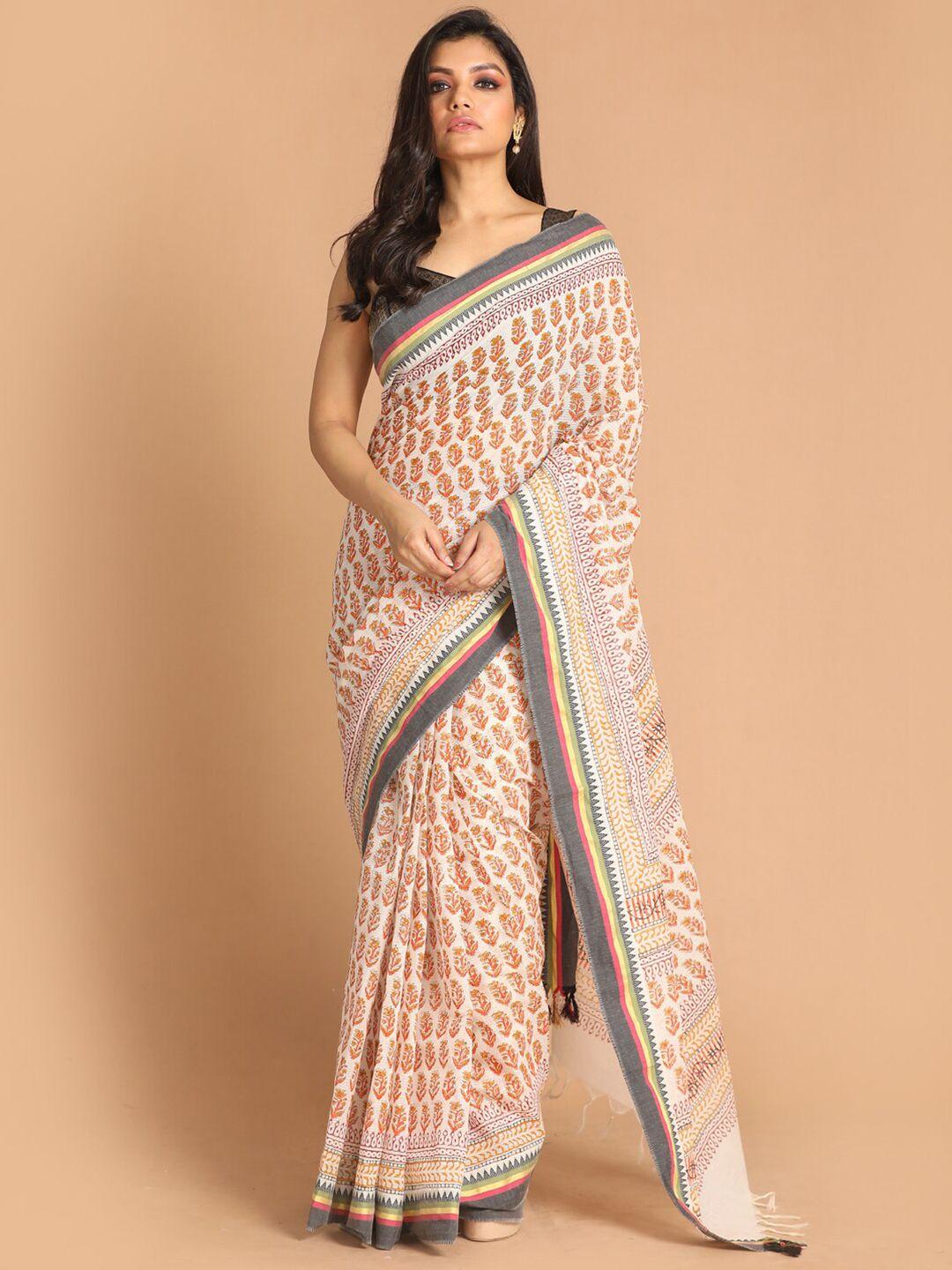 indethnic rust & orange ethnic motifs pure cotton block print saree