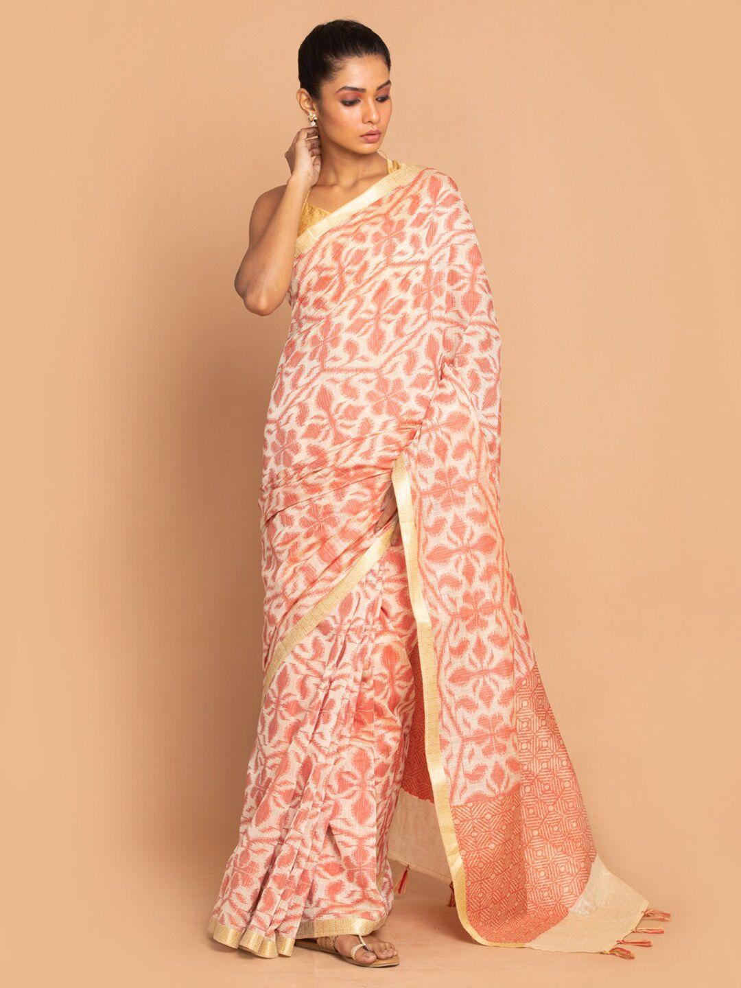 indethnic rust & white woven design banarasi saree