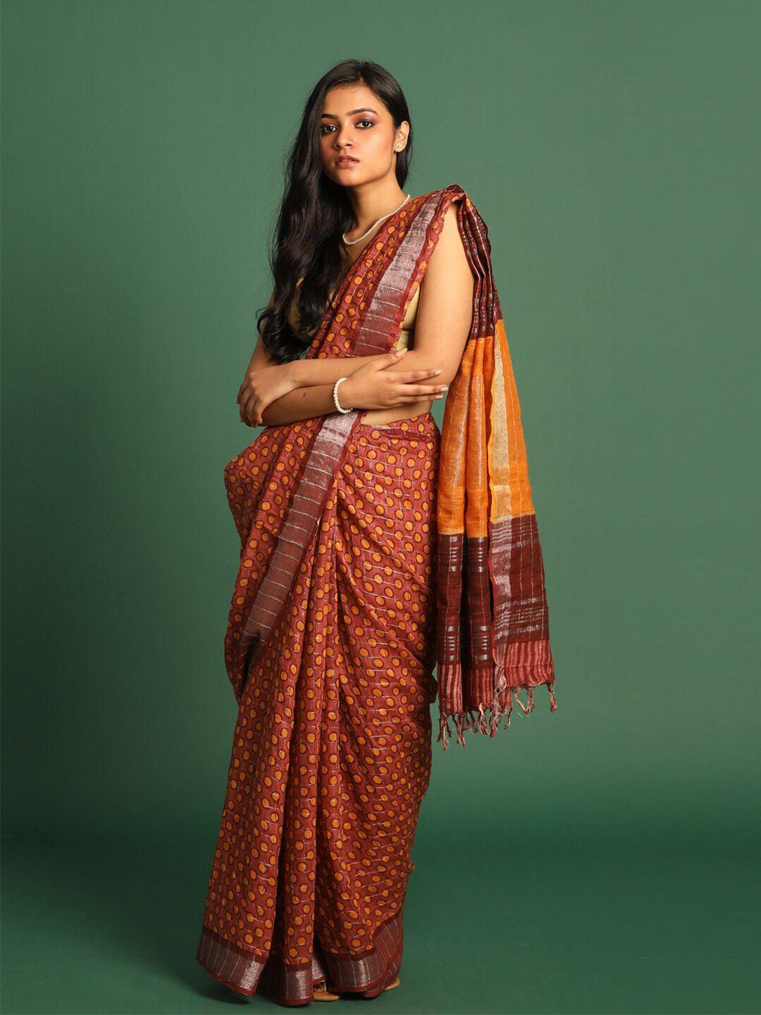 indethnic rust brown & silver-toned printed zari bhagalpuri saree