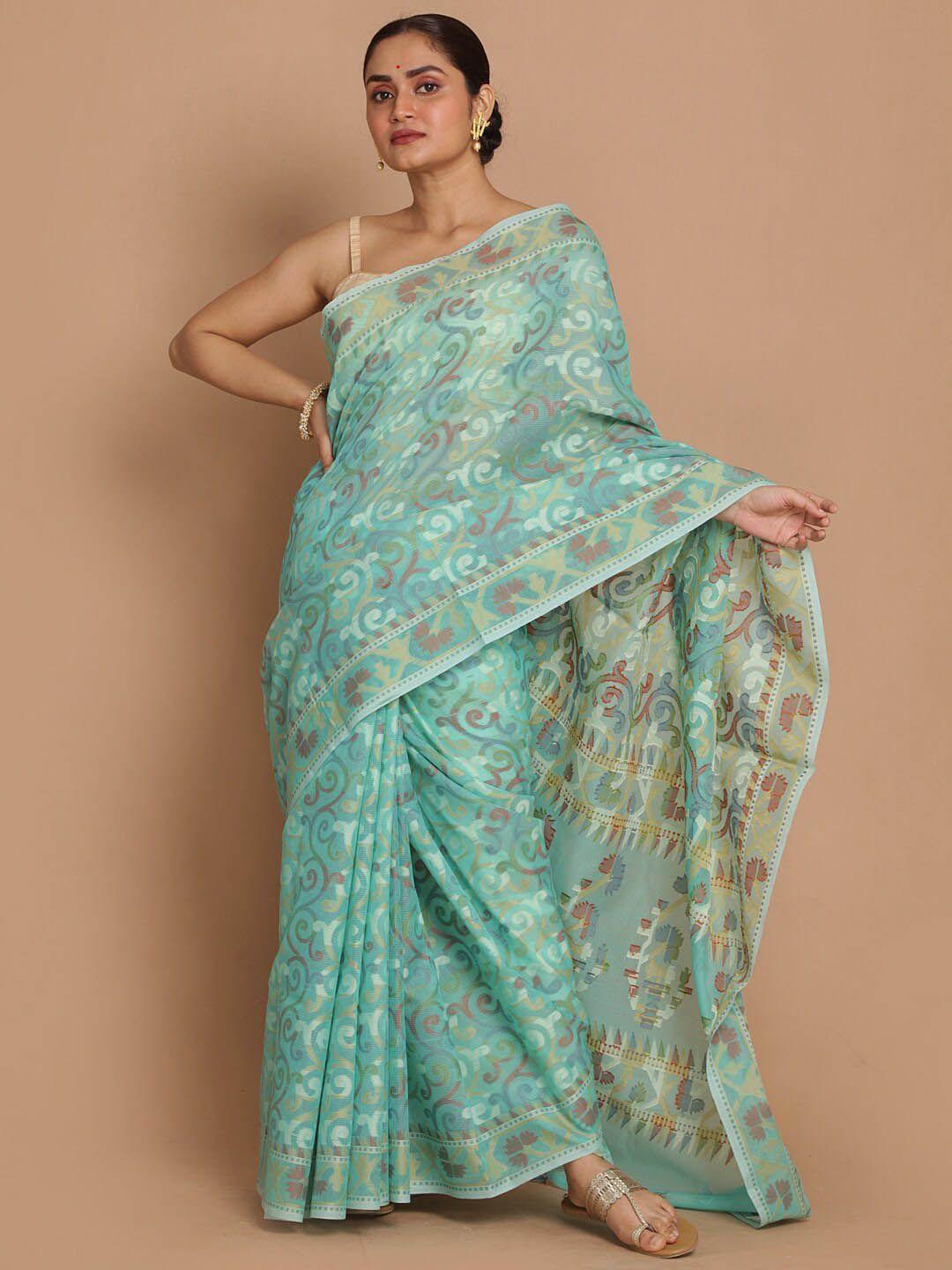 indethnic sea green & cream-coloured ethnic motifs banarasi saree